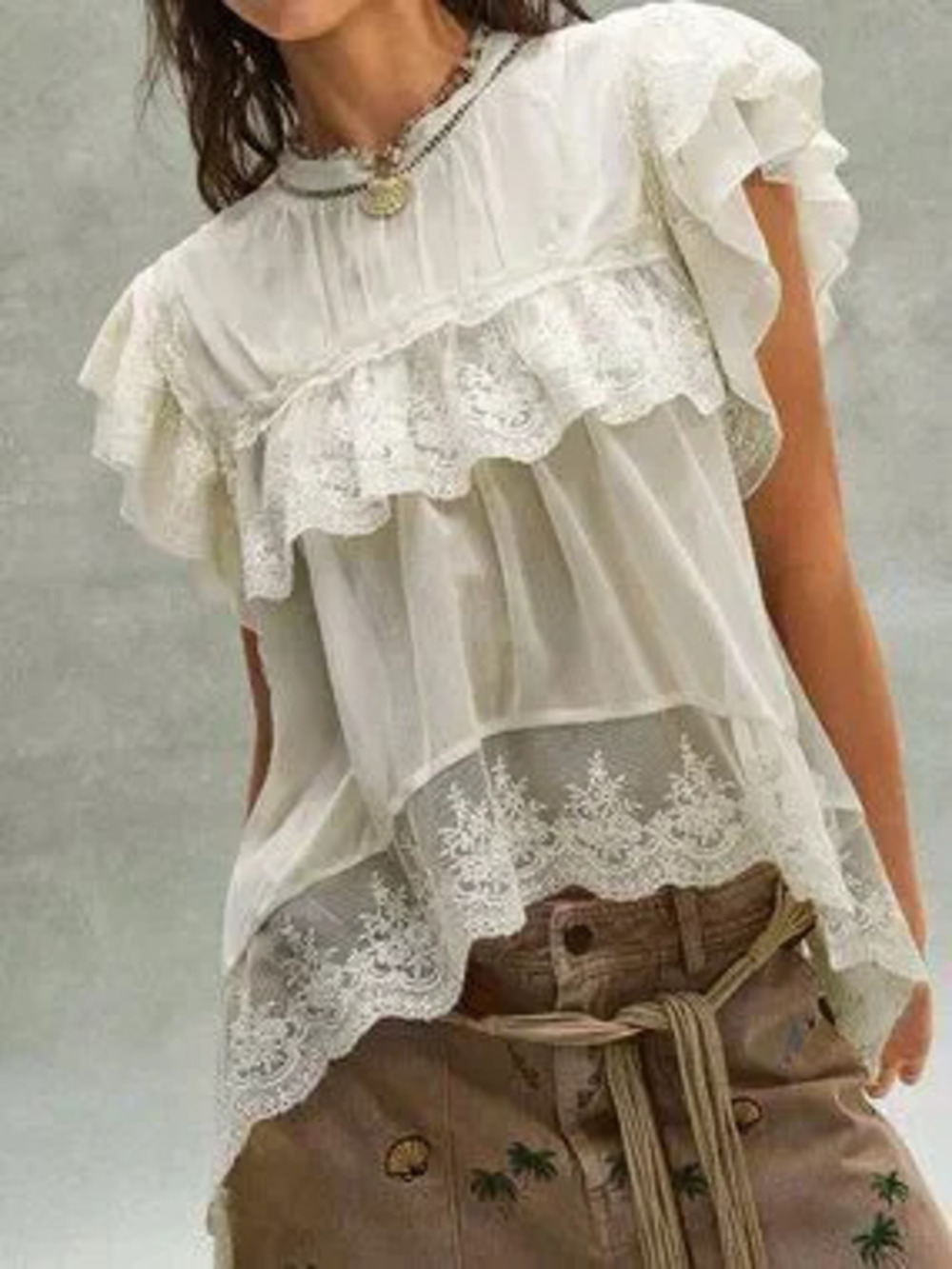 Apricot Boho Women's Embroidered Ruffled Lace Patchwork Blouse